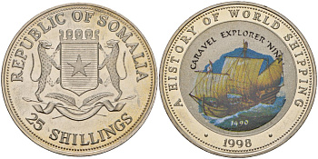 Сомали 25 шиллингов 1998 история мирового судоходства, Каравелла исследователь Нинья KM 51 медно-никель PROOF 00-000-00