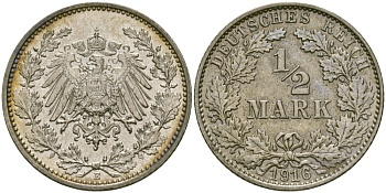 ГЕРМАНИЯ 1/2 МАРКИ 1916 E J. 16, KM 17 серебро UNC 65-245