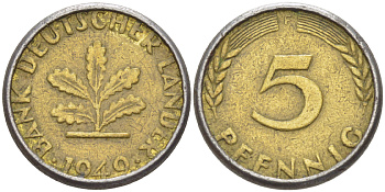 ФРГ 5 ПФЕННИГОВ 1949 F KM 102, J. 377 сталь плакированная латунью 4181-862