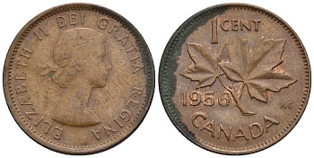 Канада 1 цент 1956 Елизавета II (1952-2022), кленовый лист KM 49 бронза 4609-116