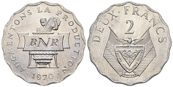 Руанда 2 франка 1970 FAO KM 10 алюминий  UNC  4610-411