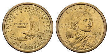 США 1 доллар 2000 Р, индианка Сакагавея KM 310 медь с марганцево-латунным покрытием UNC 98-444