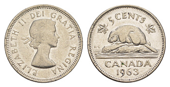 Канада 5 центов 1963 Елизавета II (1952-2022), бобр KM 57 никель 4636-564