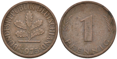 ФРГ 1 ПФЕННИГ 1975 F KM 105, J.380 сталь плакированная медью 75-421
