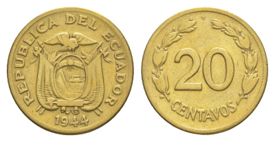 Эквадор 20 сентаво 1944 KM 77.1a латунь 4640-1221