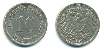 ГЕРМАНИЯ 10 ПФЕННИГОВ 1908 A KM 12, J. 13 медно-никель 62-2735