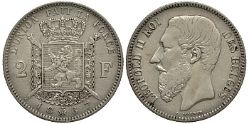 БЕЛЬГИЯ 2 ФРАНКА 1867 ЛЕОПОЛЬД II (1865-1909), BELGES KM 30.1 серебро 3896-934