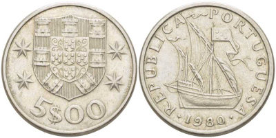 ПОРТУГАЛИЯ 5 ЭСКУДО 1980 ПАРУСНИК KM 591 медно-никель 213-255