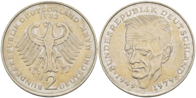 ФРГ 2 МАРКИ 1982 J, КУРТ ШУМАХЕР KM 149, J. 424 медно-никель плакированный никелем 3718-1016