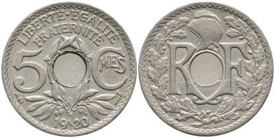 ФРАНЦИЯ 5 САНТИМОВ 1920 KM 865 медно-никель UNC 4388-837