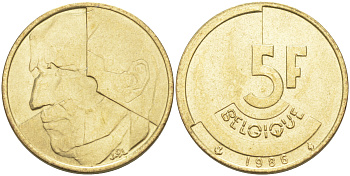 БЕЛЬГИЯ 5 ФРАНКОВ 1986 BELGIQUE KM 163 латунь или алюминевая бронза 106-613