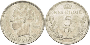 Бельгия 5 франков 1937 Леопольд III (1934-1951), Belgique KM 118 никель 3851-436