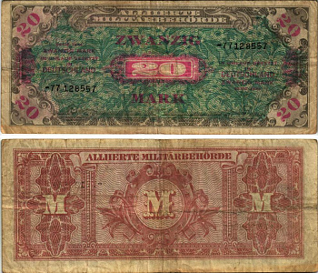 Германия, оккупация союзниками 20 марок 1944 8 цифр, без кода, выпуск СССР Pick 195 d, Розенберг 204 d бумага 8615-70-2-2