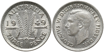 Австралия 3 пенса 1949 m, Георг VI (1937-1952), без букв KM 44 серебро 220-855
