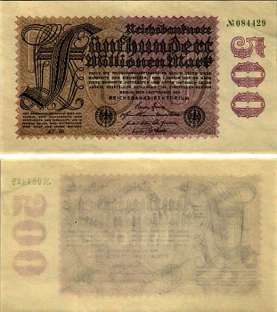 ГЕРМАНИЯ 500000000 МАРОК 1923 1 СЕНТЯБРЯ 1923, ВОДЯНОЙ ЗНАК G/D, E Pick 110d бумага аUNC 7183-22-2-2