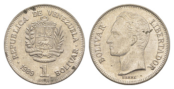 Венесуэла 1 боливар 1989 Симон Боливар, тонкий шрифт Y 52a.1 сталь плакированная никелем 4589-612