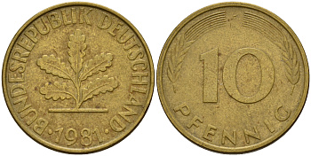 ФРГ 10 пфеннигов 1981 F J. 383, KM 108 сталь плакированная латунью    4603-456
