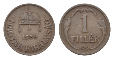 Венгрия 1 филлер 1939 BP, редкий год KM 505 бронза 4665-361