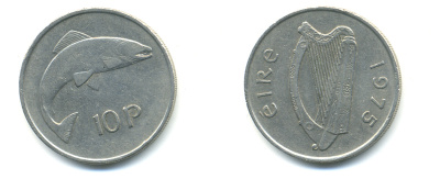 ИРЛАНДИЯ 10 ПЕНСОВ 1975 ЛОСОСЬ KM 23 медно-никель 86-1436