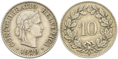 Швейцария 10 раппенов 1929 B KM 27 медно-никель     216-1221