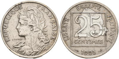 Франция 25 сантимов 1903 год тип KM 855   никель      4153-351