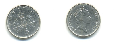 Великобритания 5 пенсов 1991 Елизавета II (1952-2022) KM 937b, Spink 4372 (D4) медно-никель 59-645