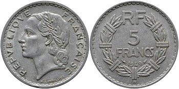 Франция 5 франков 1949 В, тип Лаврийе KM 888b.2, LE FRANC 339.19 алюминий 97-635