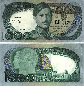 Португалия 1000 эскудо 1982 Педру V с королевой Стефанией, паровоз, 26 октября, Manuel Jacinto Nunes, Vítor Manuel Ribeiro Constancio Pick 175 е(1) бумага 8606-34-3-1