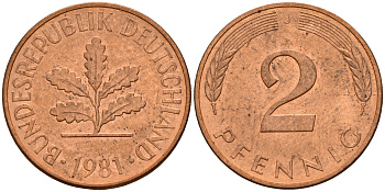 ФРГ 2 пфеннига 1981 J J.381a, KM 106a сталь плакированная медью    4598-859