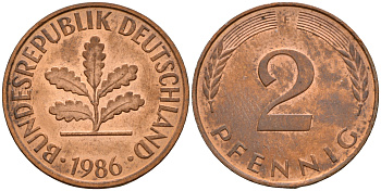 ФРГ 2 пфеннига 1986 F J.381a, KM 106a сталь плакированная медью    4598-917