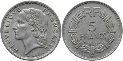 Франция 5 франков 1949 В, тип Лаврийе KM 888b.2, LE FRANC 339.19 алюминий 97-635