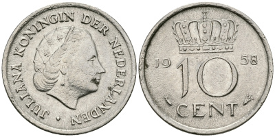 НИДЕРЛАНДЫ 10 ЦЕНТОВ 1958 ЮЛИАНА KM 182 никель 96-346