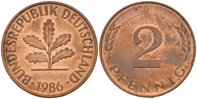 ФРГ 2 пфеннига 1986 F J.381a, KM 106a сталь плакированная медью    4598-917