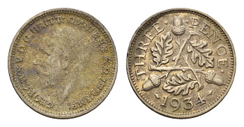 Великобритания 3 пенса 1934 Георг V (1910-1936) KM 831, Spink 4042 серебро 4697-955