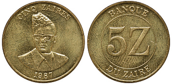 Заир 5 заиров 1987 Мобуту Сесе Секо KM 14 латунь UNC M52-03