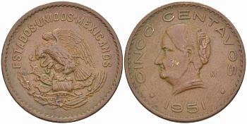 Мексика 5 сентаво 1951 Жозефа Ортис де Домингес KM 424 бронза 60-1335