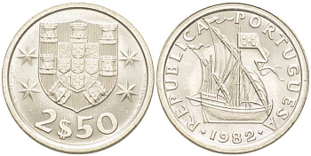 ПОРТУГАЛИЯ 2,5 ЭСКУДО 1982 ПАРУСНИК KM 590 медно-никель UNC 4513-1155