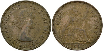 Великобритания 1 пенни 1967 Елизавета II (1952-2022) KM 897, Spink 4157 бронза 4149-323