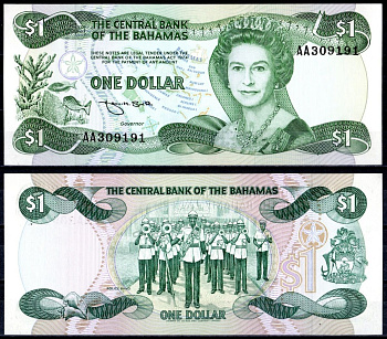 Багамский Острова (Багамы) 1 доллар 1974 (1984) королева Елизавета II (1952-2022), полицейский оркестр Pick 43 b бумага UNC (пресс) 8615-48-2-2