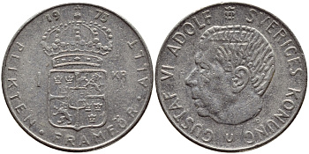 Швеция 1 крона 1973 Густав VI Адольф (1950-1973) KM 826а медь плакированная медно-никелем 4395-157