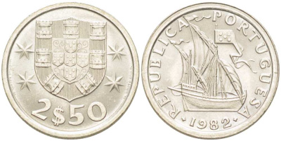ПОРТУГАЛИЯ 2,5 ЭСКУДО 1982 ПАРУСНИК KM 590 медно-никель UNC 4513-1155