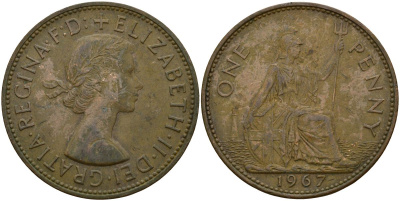 Великобритания 1 пенни 1967 Елизавета II (1952-2022) KM 897, Spink 4157 бронза 4149-323