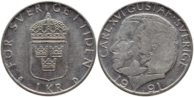 Швеция 1 крона 1991 Карл XVI Густав (1973- ) KM 852a медно-никель 4384-147