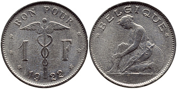 Бельгия 1 франк 1922 Belgique, Альберт I (1910-1934) KM 89 никель 86-1424
