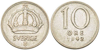 Швеция 10 эре 1942 G, Густав V (1907-1950) KM 813 серебро 116-1166