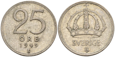 Швеция 25 эре 1949 TS, Густав V (1907-1950) KM 816 серебро 4147-1015