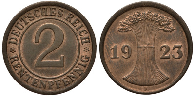 ГЕРМАНИЯ 2 РЕНТПФЕННИГА 1923 F J 307, KM 31 бронза UNC 413-3414
