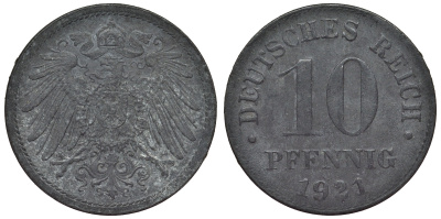 Германия 10 пфеннигов 1921 KM 26, J. 299, Weege 8 цинк 4119-411