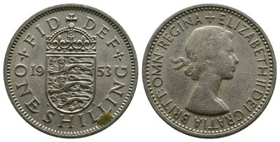 Великобритания 1 шиллинг 1953 Елизавета II (1952-2022), Английский герб KM 890, Spink 4139 медно-никель 4384-244