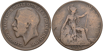 Великобритания 1 пенни 1917 Георг V (1910-1936) KM 810, Spink 4051 бронза 4117-746